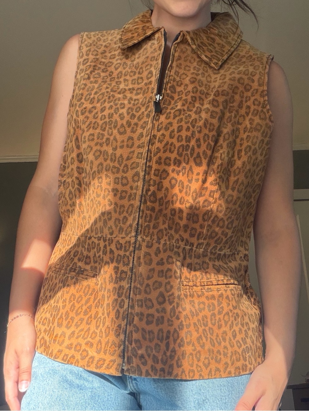 Vintage Genuine Leather bagatelle Leopard Print Zip-Up Vest Jacket
